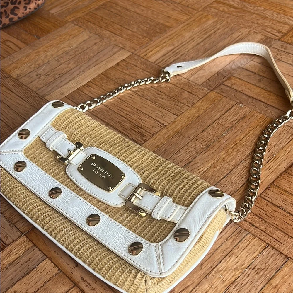 MICHAEL KORS Panama Straw White Leather Straw Woven Clutch Shoulder Y2K Purse - Picture 3 of 7